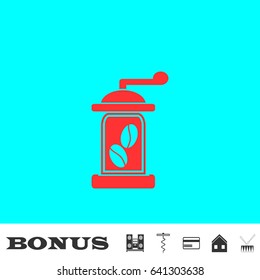 Coffee grinder icon flat. Red pictogram on blue background. Vector illustration symbol and bonus buttons Music center, corkscrew, credit card, house, drum