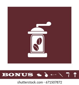 Coffee grinder icon flat. White pictogram on brown background. Vector illustration symbol and bonus icons