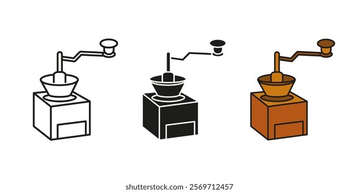 Coffee grinder icon. Manual coffee mill machine vector illustration. Vintage coffee grinder with rotating handle symbol. Manual coffeemaker grinding sign. Retro kitchen appliance antique coffee bean