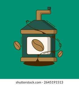 Moedor de café: Uma ilustração de um moedor de café clássico e grãos de café espalhados, evocando o aroma rico e preparação de uma bebida perfeita.