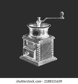 Coffee grinder, illustration in engraving style. Vintage hand drawing in vector.