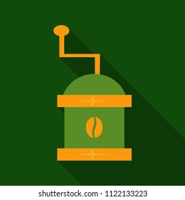 Coffee grinder isolated on background vector illustration. Retro manual coffee grinder or mill with coffee bean