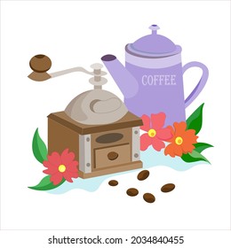 coffee grinder and kettle with beautiful red flowers and leaves. Coffee pot and mill, grains. Vector illustration, set for making delicious coffee.
