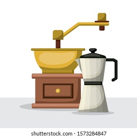Coffee grinder and kettle design, Drink breakfast beverage bakery restaurant and shop theme Vector illustration