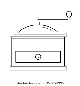 Coffee grinder line icon isolated on white background. Vector line icon of vintage manual coffee grinder for infographic, website or app.
