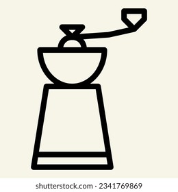 Icono de la línea del molino de café. Símbolo del molino de café, pictograma de estilo de contorno sobre fondo beige. Diseño web de concepto móvil de señalización de moldes. Gráficos vectoriales.