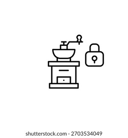 Kaffeemühle und Schloss. Cafe-Treueprogramm. Pixel perfekt, bearbeitbares Strichvektorsymbol