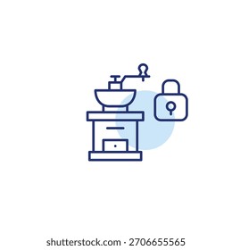 Molinillo de café y cerradura. Programa de fidelización de cafeterías. Icono de Vector de trazo perfecto y editable