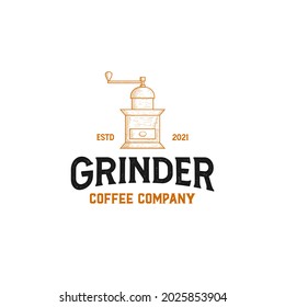 Coffee grinder logo with vintage hand drawn rustic style for cafe shop