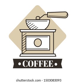 Coffee grinder, manual machine or mill in vintage style, cafe or restaurant isolated icon vector. Cafeteria drink, beans processing, hot drink brewing. Caffeine energy, breakfast, natural beverage