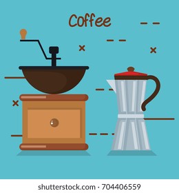 coffee grinder manual maker and moka pot in blue background