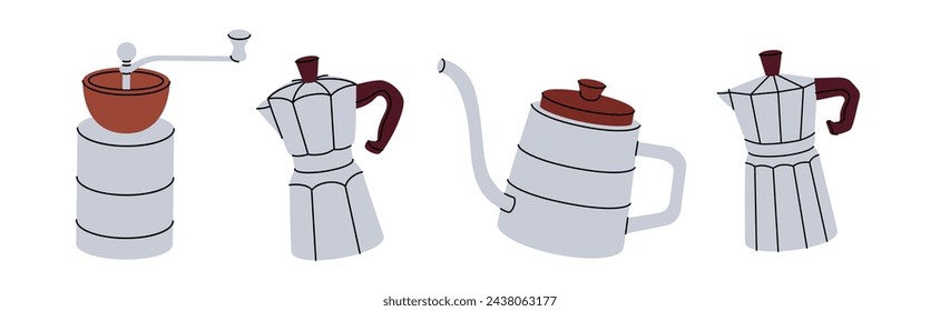 Coffee grinder, metallic coffee maker, goose neck coffee kettle. Hand drawn elements for cafe menu, coffee shop. Vector illustration.