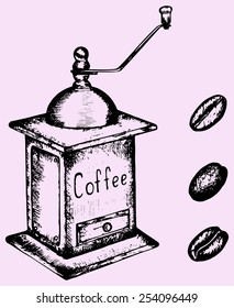 coffee grinder mill and beans, doodle style, sketch illustration 