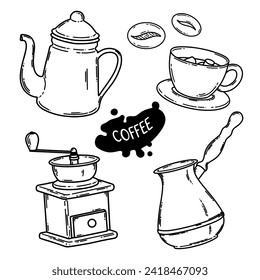 Coffee grinder mill, cezve, coffeepot, chocolate with marshmallow and other cofee shop barista stuff. Vector 