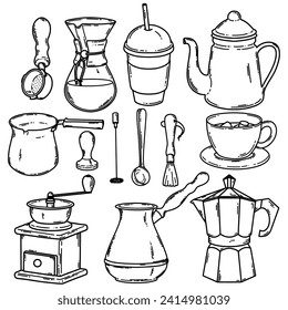 Coffee grinder mill, cezve, percolator, coffeepot, press, pour over and other cofee shop barista stuff. Vector 