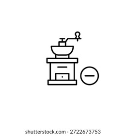 Molinillo de café con menos. Bebidas eliminadas del menú. Icono de Vector de trazo perfecto y editable