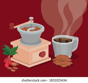 coffee grinder mug beans berries and leaves design of drink caffeine breakfast and beverage theme Vector illustration