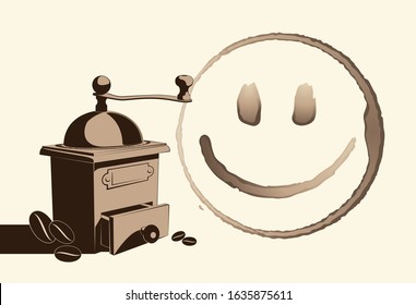 Coffee grinder on the background of a coffee stain with a smile. Design elements for the card, menu, invitations. Vector illustration.