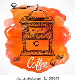 coffee grinder on the background of watercolor stains. hand-drawn illustration