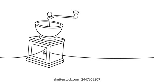Coffee grinder one line continuous drawing. Hand drawn elements for cafe menu, coffee shop. Vector linear illustration.