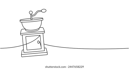 Coffee grinder one line continuous drawing. Hand drawn elements for cafe menu, coffee shop. Vector linear illustration.