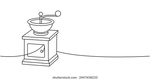Coffee grinder one line continuous drawing. Hand drawn elements for cafe menu, coffee shop. Vector linear illustration.