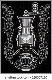 coffee grinder with ornament and inscription