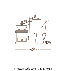 Coffee grinder, coffee pot and milk pitcher. Modern linear style. Vector illustration.