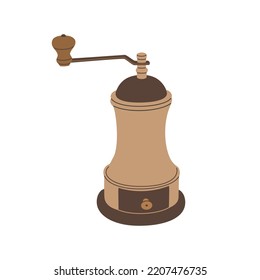 Coffee grinder in retro style. Hand tool for grinding coffee beans. Hand drawn colored vector illustration isolated on white background. Flat cartoon style.