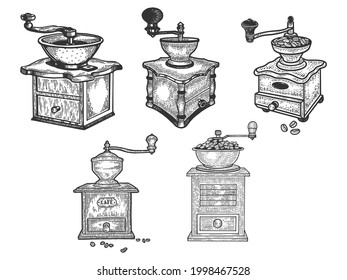 coffee grinder set line art sketch engraving vector illustration. T-shirt apparel print design. Scratch board imitation. Black and white hand drawn image.
