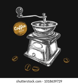 Coffee grinder. Coffee shop concept. Vector hand drawn illustration. Sketch style