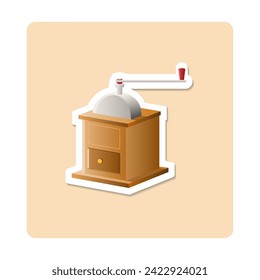 Coffee Grinder sticker illustration. Coffee beans, handle, retro, chopper. Editable vector graphic design.
