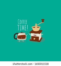 Coffee grinder and teapot brewing methodsю. Funny coffee. Cute image. Friend forever. Vector illustration. Funny food. 