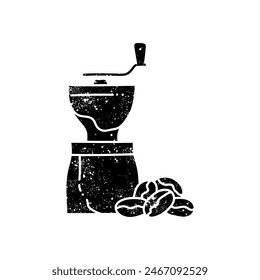 Icône dessinée à la main noire de l'outil d'affinage du café à l'aspect grunge