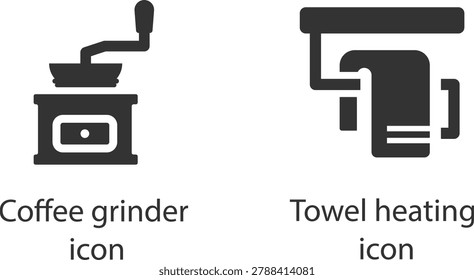 Coffee grinder and towel heating waffle iron kitchen appliances vector icons set