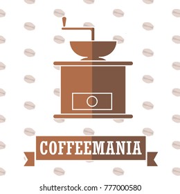 Coffee grinder vector illustration isolated  on coffee beans pattern background. 