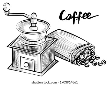 Coffee grinder vector, monochrome sketch outline equipment for beverage making and brewing. Beans in sack, espresso and americano for breakfast flat style