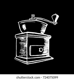 Coffee grinder white chalk on black chalkboard vector illustration. Classical vintage coffee grinder. Coffee mill logo by white chalk. Blackboard coffee grinder icon. Cafe or restaurant menu decor