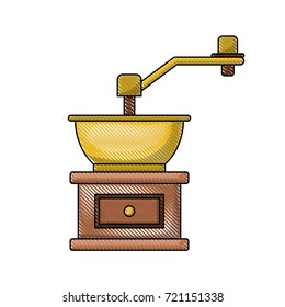 coffee grinding with crank in front view colored crayon silhouette vector illustration