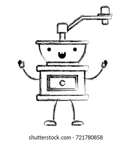 coffee grinding with crank in front view cartoon monochrome blurred silhouette vector illustration