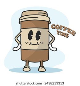 Coffee groovy cartoon Cute kawaii Vector illustration