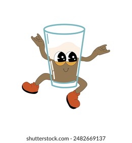 Coffee Groovy Character. Isolated on white. Cute y2k hot drink brewing sticker. Coffee cup or glass retro element.