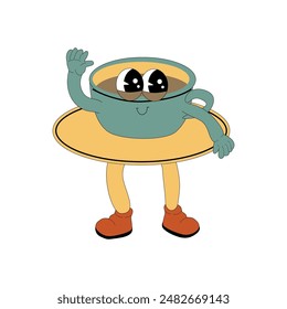 Coffee Groovy Characters set. Isolated on white. Cute y2k hot drink brewing sticker. Coffee cup retro element.