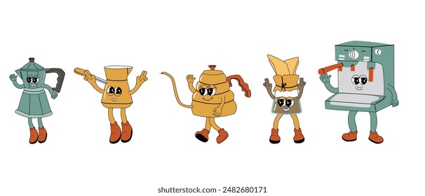 Coffee Groovy Characters set. Isolated on white. Cute y2k hot drink brewing stickers. Coffee machine and makers, pots retro collection.