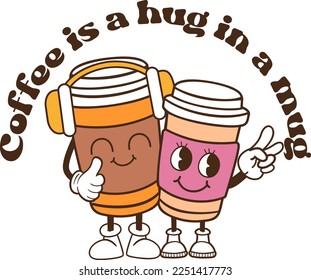 Coffee groovy quote in retro style. Vector on isolated background.