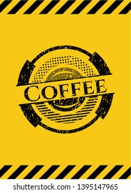 Coffee grunge warning sign emblem. Vector Illustration. Detailed.