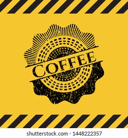 Coffee grunge warning sign emblem. Vector Illustration. Detailed.