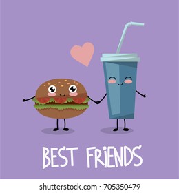 Coffee and hamburger are the best friends. Vector illustration of meal. Funny Cartoon Characters