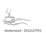 Coffee with hand continuous line art drawing isolated on white background. Coffee frame. Vector illustration
