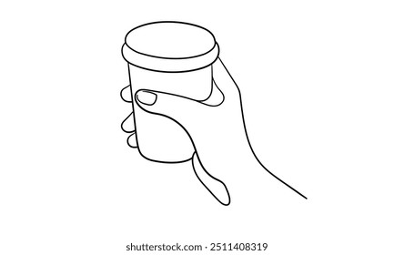 Coffee with hand continuous line art drawing isolated on white background. Vector illustration